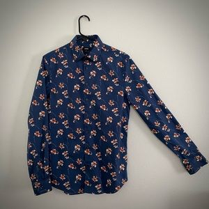 Blue Floral Pattern Long Sleeve Button-Up Dress Shirt